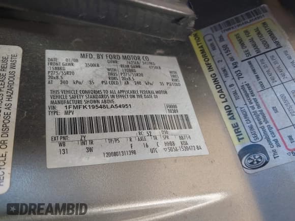 ✅ 2008 Ford Expedition Max Limited • VIN: 1FMFK19548LA54951 • Lot: 43700441. Listed on IAAI with 160,831 mi. Free auction sales archive from the USA and detailed vehicle history report at DreamBid. Image 9.