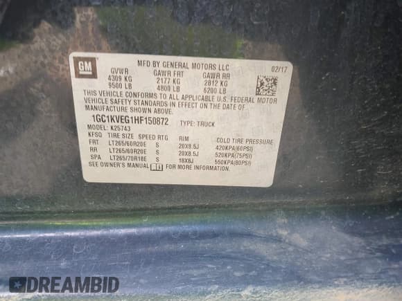 ✅ 2017 Chevrolet Silverado 2500HD LT • VIN: 1GC1KVEG1HF150872 • Lot: 42517729. Listed on IAAI with 100,405 mi. Free auction sales archive from the USA and detailed vehicle history report at DreamBid. Image 9.