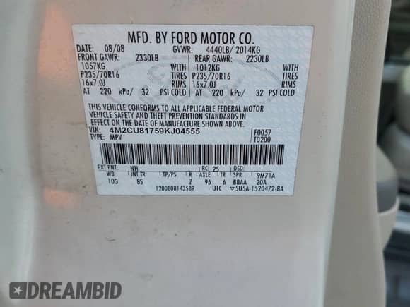 2009 Mercury Mariner with VIN 4M2CU81759KJ04555, listed as a Copart auction lot 85778504 with 130,514 mi miles and Salvage title. Bid and sale history available at DreamBid. Image 13.