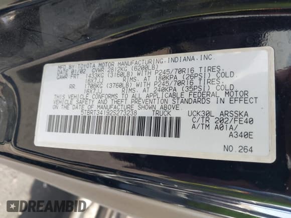 ✅ 2002 Toyota Tundra SR5 • VIN: 5TBRT34192S273238 • Лот: 43194058. Опубликован ранее на IAAI с пробегом 221 041 миль. Бесплатный доступ к архиву аукционных продаж из США и подробный отчёт об истории автомобиля на DreamBid. Изображение 9.