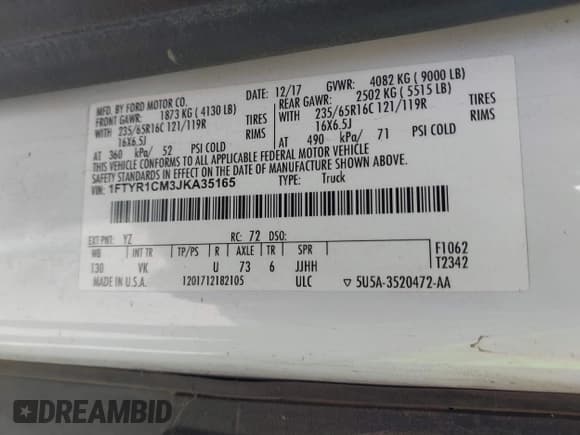 ✅ 2018 Ford Transit • VIN: 1FTYR1CM3JKA35165 • Lot: 41481414. Listed on IAAI with 90,570 mi. Free auction sales archive from the USA and detailed vehicle history report at DreamBid. Image 9.