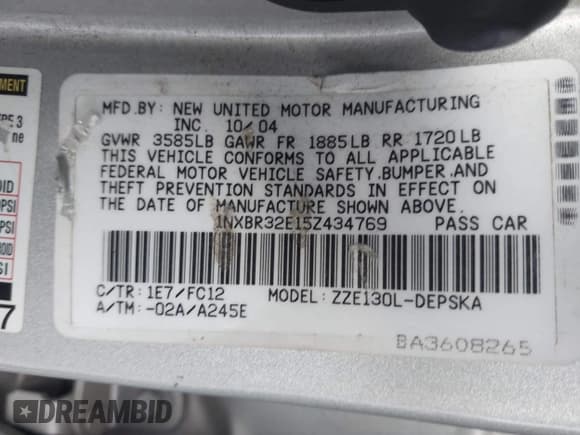 ✅ 2005 Toyota Corolla S • VIN: 1NXBR32E15Z434769 • Лот: 43739493. Опубликован ранее на IAAI с пробегом 162 696 миль. Бесплатный доступ к архиву аукционных продаж из США и подробный отчёт об истории автомобиля на DreamBid. Изображение 9.