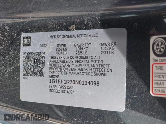 ✅ 2022 Chevrolet Camaro LT1 • VIN: 1G1FF1R70N0134098 • Лот: 41700880. Опубликован ранее на IAAI с пробегом 9 004 миль. Бесплатный доступ к архиву аукционных продаж из США и подробный отчёт об истории автомобиля на DreamBid. Изображение 9.