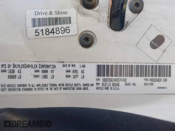 2004 Dodge Neon SXT z VIN 1B3ES56C44D574762, wystawiony jako IAAI lot #42724046 z przebiegiem Nie podano mil oraz . Historia ofert i sprzedaży dostępna na DreamBid. Obrazek 9.