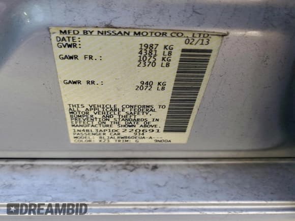 ✅ 2013 Nissan Altima S • VIN: 1N4BL3AP1DC220691 • Lot: 95323045. Listed on Copart with 98,496 mi. Free auction sales archive from the USA and detailed vehicle history report at DreamBid. Image 12.