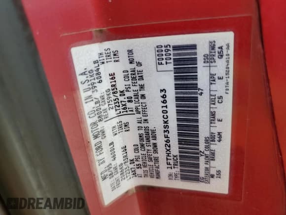 ✅ 1995 Ford F-250 • VIN: 1FTHX26F3SKC01663 • Лот: 54213995. Опубликован ранее на Copart с пробегом 174 700 миль. Бесплатный доступ к архиву аукционных продаж из США и подробный отчёт об истории автомобиля на DreamBid. Изображение 12.