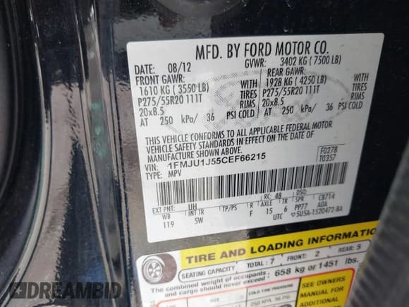 ✅ 2012 Ford Expedition XLT • VIN: 1FMJU1J55CEF66215 • Lot: 39332195. Listed on IAAI with Not provided. Free auction sales archive from the USA and detailed vehicle history report at DreamBid. Image 9.