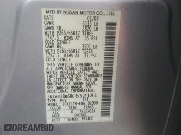 ✅ 2008 Nissan Pathfinder S • VIN: 5N1AR18B68C652181 • Lot: 90377335. Wystawiony na Copart z przebiegiem 323 483 mil. Bezpłatny archiwum sprzedaży aukcyjnych z USA i szczegółowy raport historii pojazdu na DreamBid. Zdjęcie 12.
