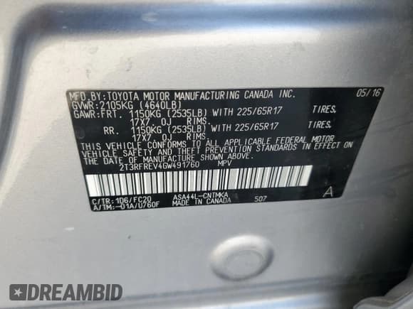 ✅ 2016 Toyota RAV4 XLE • VIN: 2T3RFREV4GW491760 • Lot: 60900515. Listed on Copart with Not provided. Free auction sales archive from the USA and detailed vehicle history report at DreamBid. Image 12.