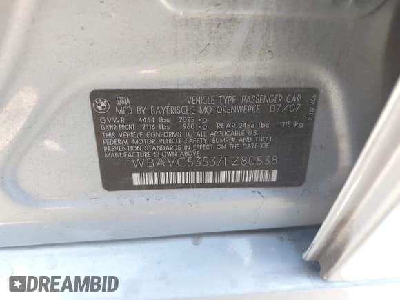 ✅ 2007 BMW 3 Series 328i • VIN: WBAVC53537FZ80538 • Lot: 42675956. Listed on IAAI with 235,056 mi. Free auction sales archive from the USA and detailed vehicle history report at DreamBid. Image 9.