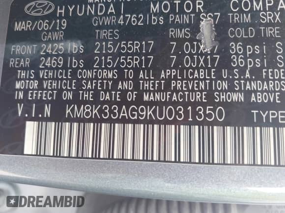 2019 Hyundai Kona Limited z VIN KM8K33AG9KU031350, wystawiony jako IAAI lot #42361160 z przebiegiem 43 338 mil mil oraz . Historia ofert i sprzedaży dostępna na DreamBid. Obrazek 9.