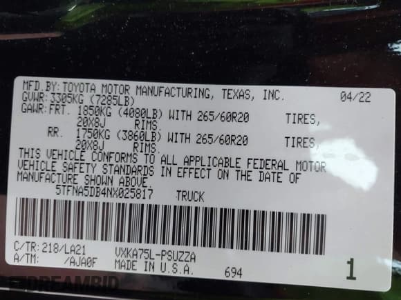 ✅ 2022 Toyota Tundra Platinum • VIN: 5TFNA5DB4NX025817 • Lot: 43638684. Wystawiony na IAAI z przebiegiem 76 854 mil. Bezpłatny archiwum sprzedaży aukcyjnych z USA i szczegółowy raport historii pojazdu na DreamBid. Zdjęcie 9.