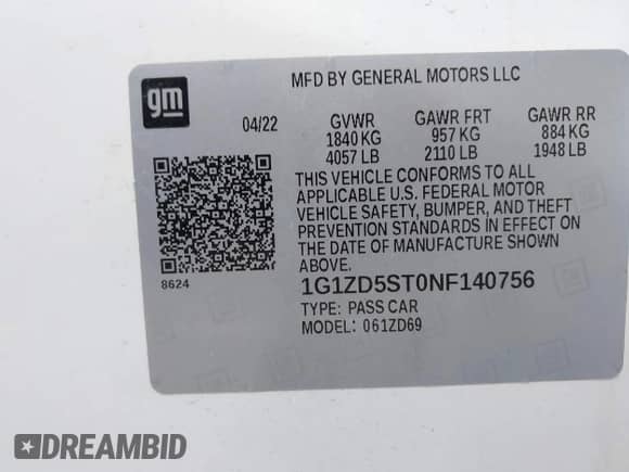 2022 Chevrolet Malibu LT with VIN 1G1ZD5ST0NF140756, listed as a IAAI auction lot 43391252 with 73,519 mi miles and . Bid and sale history available at DreamBid. Image 9.