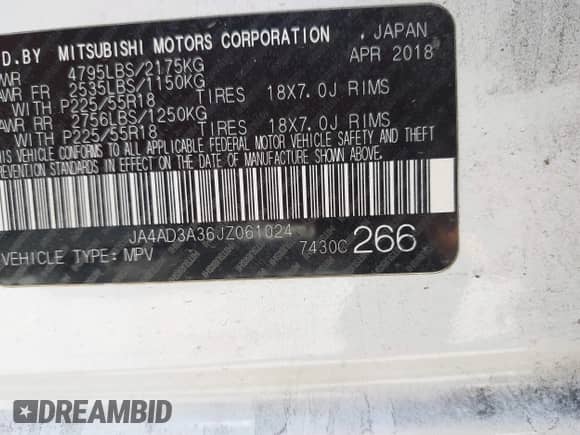 2018 Mitsubishi Outlander SE with VIN JA4AD3A36JZ061024, listed as a IAAI auction lot 42281627 with 245,456 mi miles and . Bid and sale history available at DreamBid. Image 9.