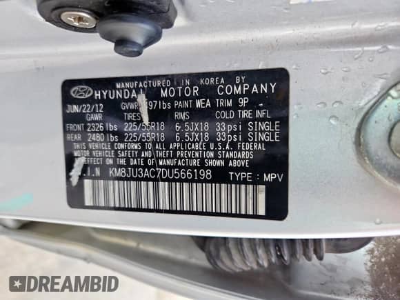 2013 Hyundai Tucson GLS with VIN KM8JU3AC7DU566198, listed as a Copart auction lot 71479605 with 196,474 mi miles and Salvage title. Bid and sale history available at DreamBid. Image 13.