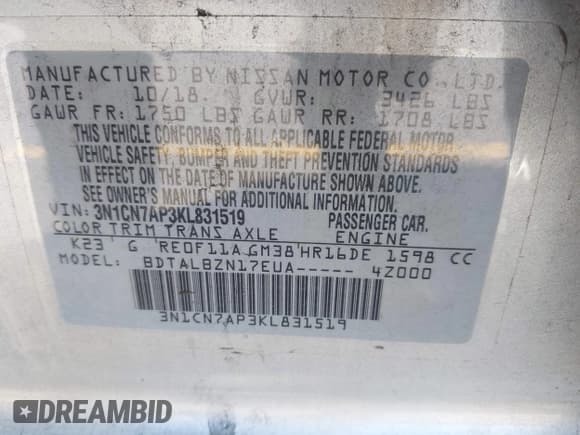 ✅ 2019 Nissan Versa S Plus • VIN: 3N1CN7AP3KL831519 • Lot: 43526309. Wystawiony na IAAI z przebiegiem 103 238 mil. Bezpłatny archiwum sprzedaży aukcyjnych z USA i szczegółowy raport historii pojazdu na DreamBid. Zdjęcie 9.