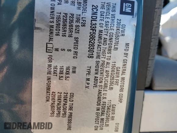 ✅ 2008 Chevrolet Equinox LT • VIN: 2CNDL33F586283018 • Лот: 87033054. Опубликован ранее на Copart с пробегом 276 842 миль. Бесплатный доступ к архиву аукционных продаж из США и подробный отчёт об истории автомобиля на DreamBid. Изображение 15.