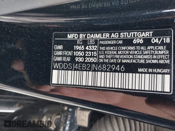 ✅ 2018 Mercedes-Benz CLA 250 • VIN: WDDSJ4EB2JN682946 • Lot: 43417955. Listed on IAAI with 89,185 mi. Free auction sales archive from the USA and detailed vehicle history report at DreamBid. Image 9.