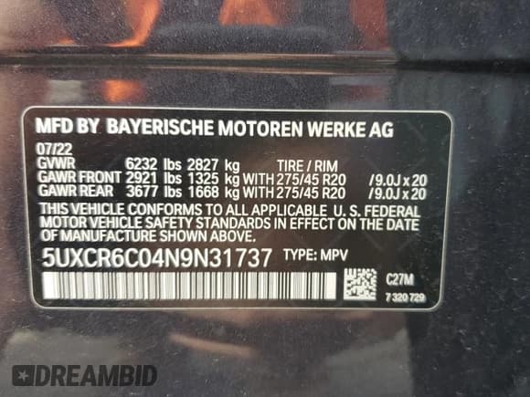 ✅ 2022 BMW X5 xDrive40i • VIN: 5UXCR6C04N9N31737 • Lot: 57100295. Listed on Copart with 26,125 mi. Free auction sales archive from the USA and detailed vehicle history report at DreamBid. Image 12.