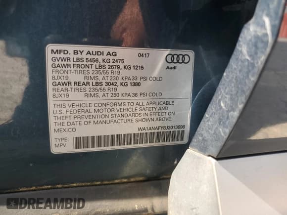 ✅ 2018 Audi Q5 Premium • VIN: WA1ANAFY8J2013698 • Lot: 62175655. Listed on Copart with 116,766 mi. Free auction sales archive from the USA and detailed vehicle history report at DreamBid. Image 12.