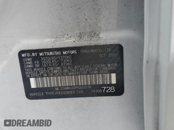 ✅ 2023 Mitsubishi Mirage Black Edition • VIN: ML32AWHJ0PH002576 • Lot: 70540205. Listed on Copart with Not provided. Free auction sales archive from the USA and detailed vehicle history report at DreamBid. Image 12.