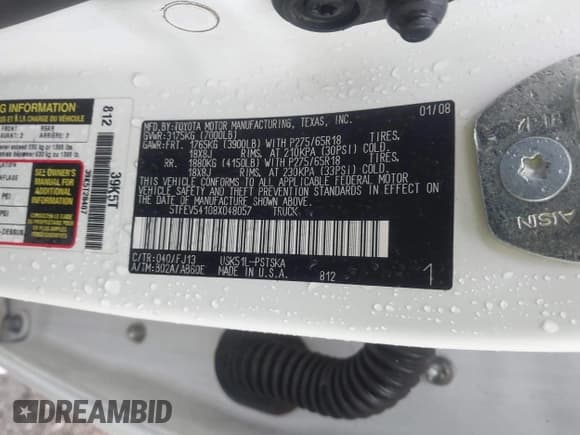 ✅ 2008 Toyota Tundra • VIN: 5TFEV54108X048057 • Lot: 42147886. Listed on IAAI with 201,041 mi. Free auction sales archive from the USA and detailed vehicle history report at DreamBid. Image 9.