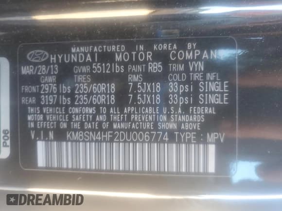 ✅ 2013 Hyundai Santa Fe GLS • VIN: KM8SN4HF2DU006774 • Лот: 86281415. Опубликован ранее на Copart с пробегом 108 579 миль. Бесплатный доступ к архиву аукционных продаж из США и подробный отчёт об истории автомобиля на DreamBid. Изображение 13.