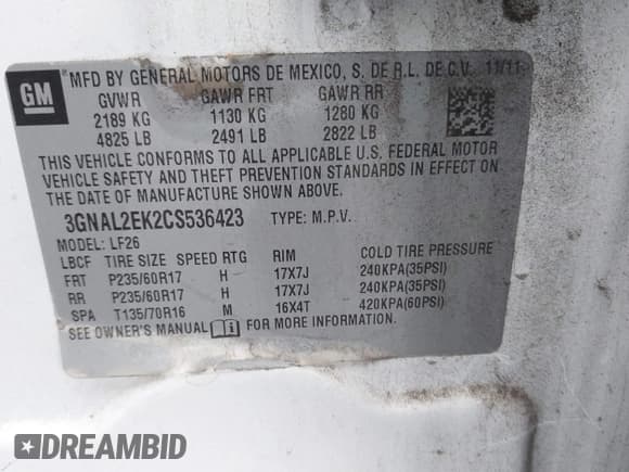 ✅ 2012 Chevrolet Captiva Sport LS • VIN: 3GNAL2EK2CS536423 • Lot: 41483779. Wystawiony na IAAI z przebiegiem 119 609 mil. Bezpłatny archiwum sprzedaży aukcyjnych z USA i szczegółowy raport historii pojazdu na DreamBid. Zdjęcie 9.