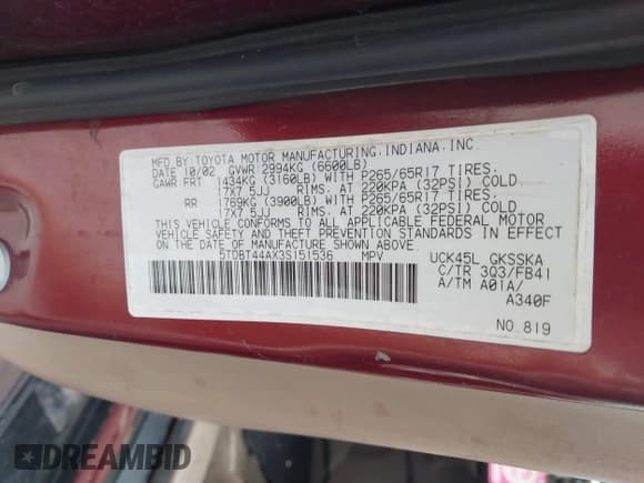 ✅ 2003 Toyota Sequoia SR5 • VIN: 5TDBT44AX3S151536 • Лот: 42372427. Опубликован ранее на IAAI с пробегом Не указан. Бесплатный доступ к архиву аукционных продаж из США и подробный отчёт об истории автомобиля на DreamBid. Изображение 9.