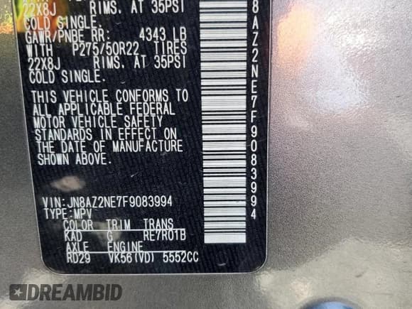 ✅ 2015 Infiniti QX80 • VIN: JN8AZ2NE7F9083994 • Lot: 62337245. Listed on Copart with 203,381 mi. Free auction sales archive from the USA and detailed vehicle history report at DreamBid. Image 12.