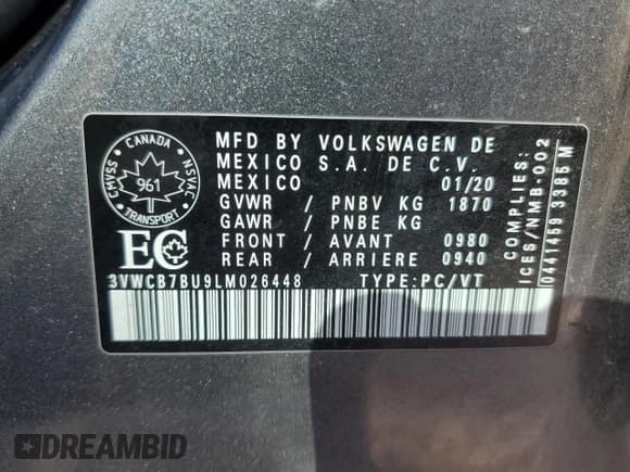 ✅ 2020 Volkswagen Jetta S • VIN: 3VWCB7BU9LM026448 • Lot: 84484675. Listed on Copart with 193,692 mi. Free auction sales archive from the USA and detailed vehicle history report at DreamBid. Image 12.