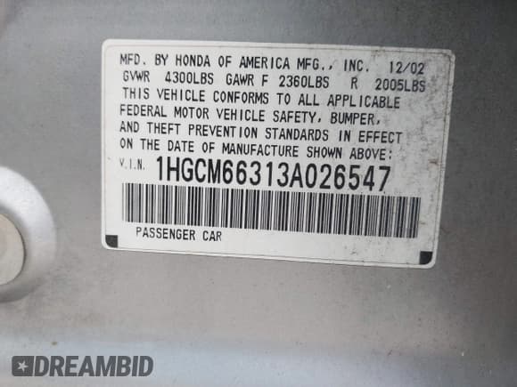 ✅ 2003 Honda Accord LX • VIN: 1HGCM66313A026547 • Lot: 42588097. Listed on IAAI with 237,568 mi. Free auction sales archive from the USA and detailed vehicle history report at DreamBid. Image 9.