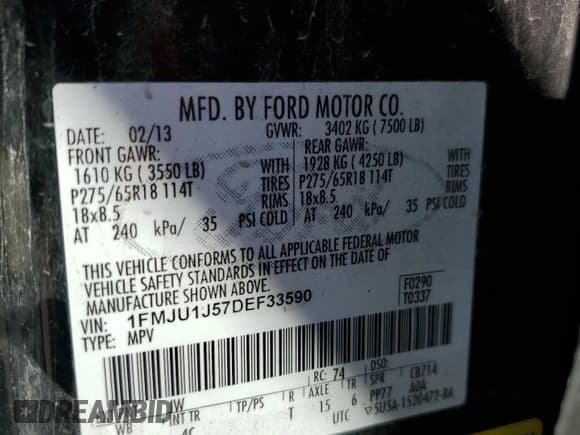 ✅ 2013 Ford Expedition XLT • VIN: 1FMJU1J57DEF33590 • Lot: 62875495. Listed on Copart with 142,429 mi. Free auction sales archive from the USA and detailed vehicle history report at DreamBid. Image 13.