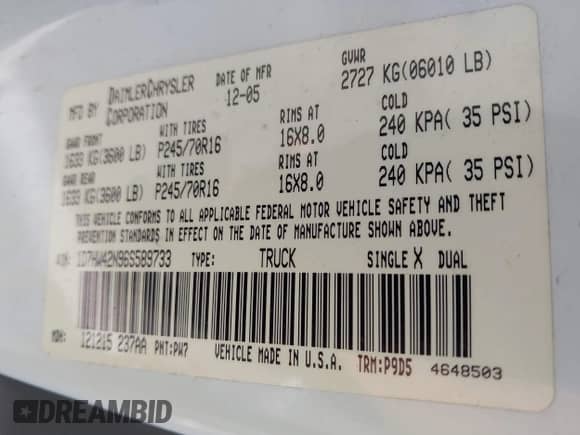 2006 Dodge Dakota SLT with VIN 1D7HW42N96S589733, listed as a IAAI auction lot 42630124 with 162,306 mi miles and . Bid and sale history available at DreamBid. Image 9.