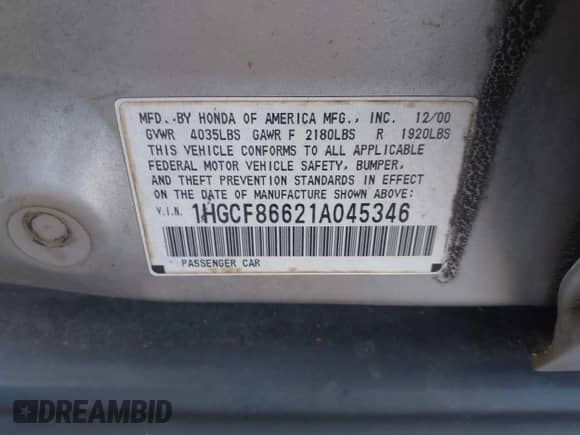 2001 Honda Accord VP with VIN 1HGCF86621A045346, listed as a IAAI auction lot 42698118 with 175,266 mi miles and . Bid and sale history available at DreamBid. Image 9.
