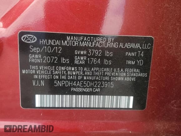 ✅ 2013 Hyundai Elantra Limited • VIN: 5NPDH4AE5DH223915 • Lot: 85117895. Listed on Copart with 101,645 mi. Free auction sales archive from the USA and detailed vehicle history report at DreamBid. Image 12.