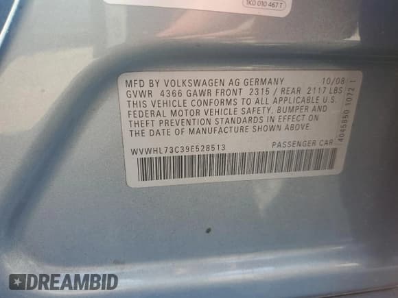 ✅ 2009 Volkswagen CC Luxury • VIN: WVWHL73C39E528513 • Lot: 84464835. Listed on Copart with 140,906 mi. Free auction sales archive from the USA and detailed vehicle history report at DreamBid. Image 12.