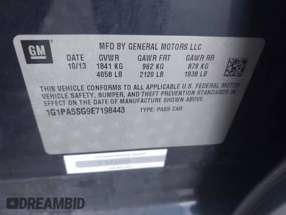2014 Chevrolet Cruze LS with VIN 1G1PA5SG9E7198443, listed as a IAAI auction lot 43258019 with 129,257 mi miles and . Bid and sale history available at DreamBid. Image 9.