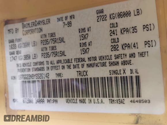✅ 2000 Dodge Dakota Sport • VIN: 1B7GG22N9YS526142 • Lot: 42504671. Wystawiony na IAAI z przebiegiem 112 717 mil. Bezpłatny archiwum sprzedaży aukcyjnych z USA i szczegółowy raport historii pojazdu na DreamBid. Zdjęcie 9.