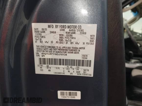 2006 Mercury Mariner Luxury с VIN 4M2YU57116DJ10134, выставлен на аукционе IAAI как лот 42663012 с пробегом 201 988 миль миль и . История ставок и продаж доступна на DreamBid. Изображение 9.