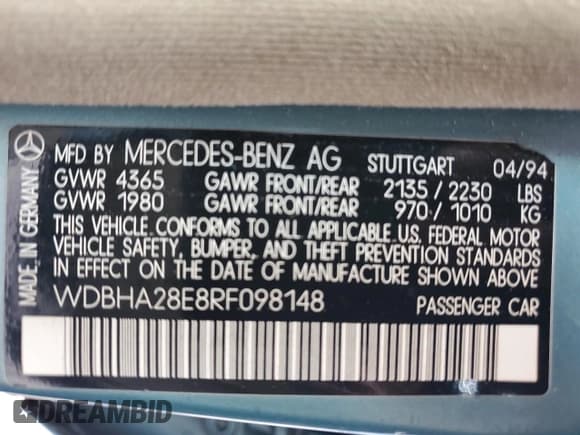 ✅ 1994 Mercedes-Benz C 230/260/280/320 • VIN: WDBHA28E8RF098148 • Лот: 60884345. Опубликован ранее на Copart с пробегом 238 600 миль. Бесплатный доступ к архиву аукционных продаж из США и подробный отчёт об истории автомобиля на DreamBid. Изображение 12.