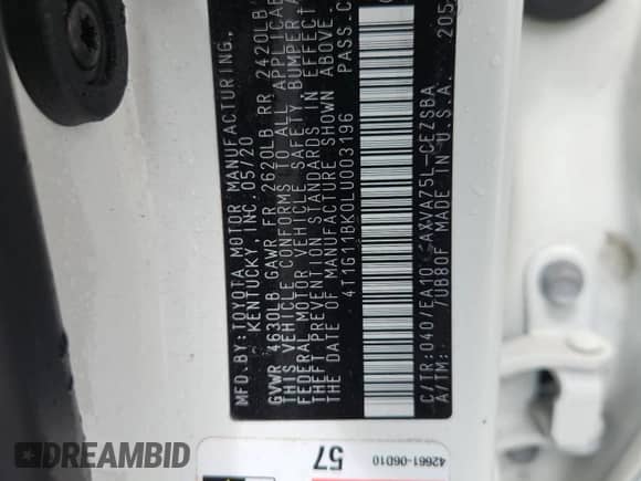 2020 Toyota Camry SE with VIN 4T1G11BK0LU003196, listed as a Copart auction lot 68972305 with 51,497 mi miles and Salvage title. Bid and sale history available at DreamBid. Image 13.