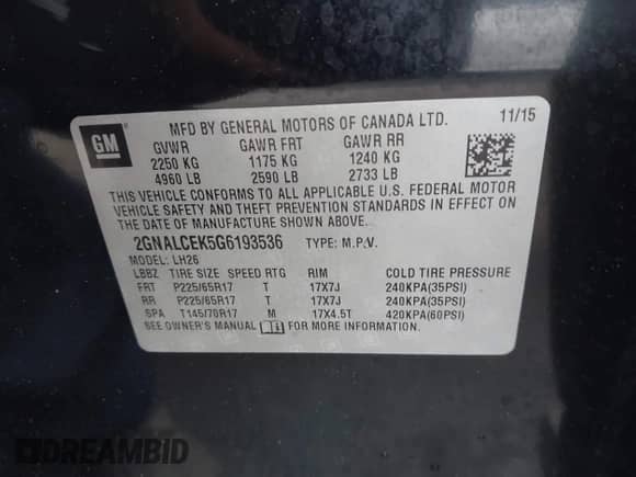 2016 Chevrolet Equinox LT z VIN 2GNALCEK5G6193536, wystawiony jako IAAI lot #43373794 z przebiegiem 118 060 mil mil oraz . Historia ofert i sprzedaży dostępna na DreamBid. Obrazek 9.