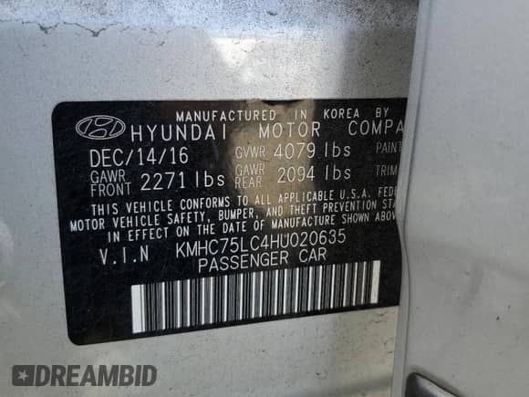 2017 Hyundai Ioniq SEL with VIN KMHC75LC4HU020635, listed as a Copart auction lot 85342225 with 85,818 mi miles and Salvage title. Bid and sale history available at DreamBid. Image 13.