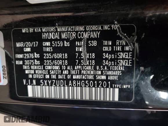 2017 Hyundai Santa Fe 2.0T z VIN 5XYZUDLA8HG501201, wystawiony jako Copart lot #59210375 z przebiegiem 204 785 mil mil oraz Szkoda całkowita • Salvage title. Historia ofert i sprzedaży dostępna na DreamBid. Obrazek 14.