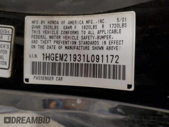 ✅ 2001 Honda Civic EX • VIN: 1HGEM21931L091172 • Lot: 69157405. Wystawiony na Copart z przebiegiem 277 531 mil. Bezpłatny archiwum sprzedaży aukcyjnych z USA i szczegółowy raport historii pojazdu na DreamBid. Zdjęcie 12.