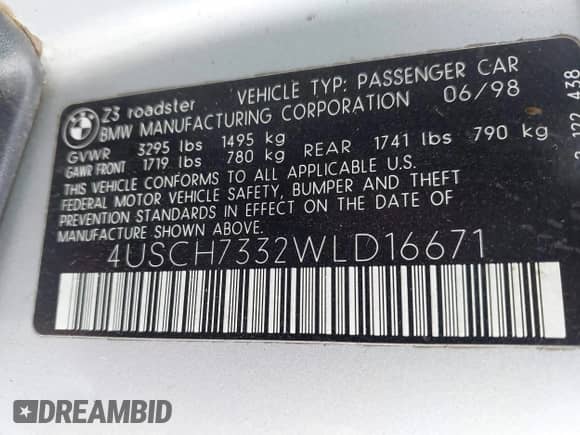 1998 BMW 3 Series Z3 1.9 with VIN 4USCH7332WLD16671, listed as a IAAI auction lot 43366446 with 120,364 mi miles and . Bid and sale history available at DreamBid. Image 9.