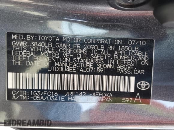 ✅ 2010 Toyota Corolla • VIN: JTDBU4EE1AJ071891 • Lot: 58955755. Listed on Copart with 187,834 mi. Free auction sales archive from the USA and detailed vehicle history report at DreamBid. Image 12.
