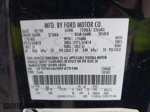 ✅ 2009 Ford F-150 XL • VIN: 1FTPW14V59FA75196 • Lot: 42361376. Listed on IAAI with 218,536 mi. Free auction sales archive from the USA and detailed vehicle history report at DreamBid. Image 9.