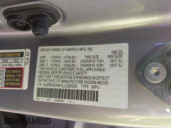 ✅ 2020 Honda CR-V EX-L • VIN: 5J6RW2H81LL028320 • Lot: 43306826. Listed on IAAI with 58,251 mi. Free auction sales archive from the USA and detailed vehicle history report at DreamBid. Image 9.